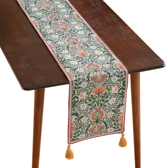 ISAENNE Designer French Green Elegant Linen Table Runner 118 Inches Extra Long,Colorful Flower Pattern Soft Table Runners for Dining Tables,Thanksgiving,Kitchen Tables,Christmas,12"*118"-Naples B
