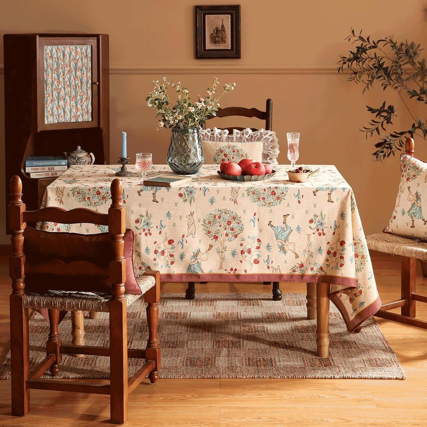 patdrea Designer Italian Beige Tablecloth for Rectangle Table,Vintage Anti-Wrinkle Linen Tree Pattern Table Cloth,Decor Cover for Kitchen Dining,Christmas,Thanksgiving,55"x79"-Tatiana a