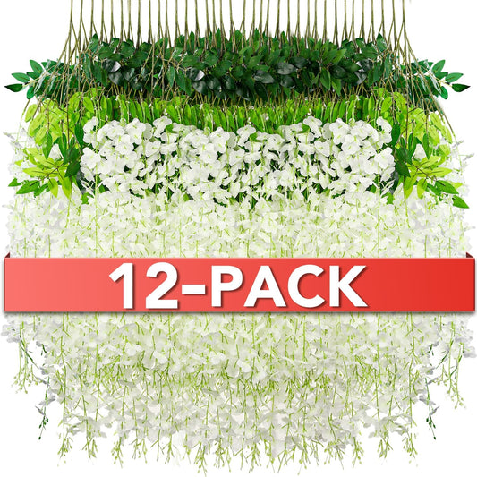 Wisteria Hanging Flowers,Fake Hanging Flowers,Wisteria artificiales Garland for Home Wedding Arch Floral Party Garden Ceremony Outdoor Decor,3.6 feet Long(12,White)