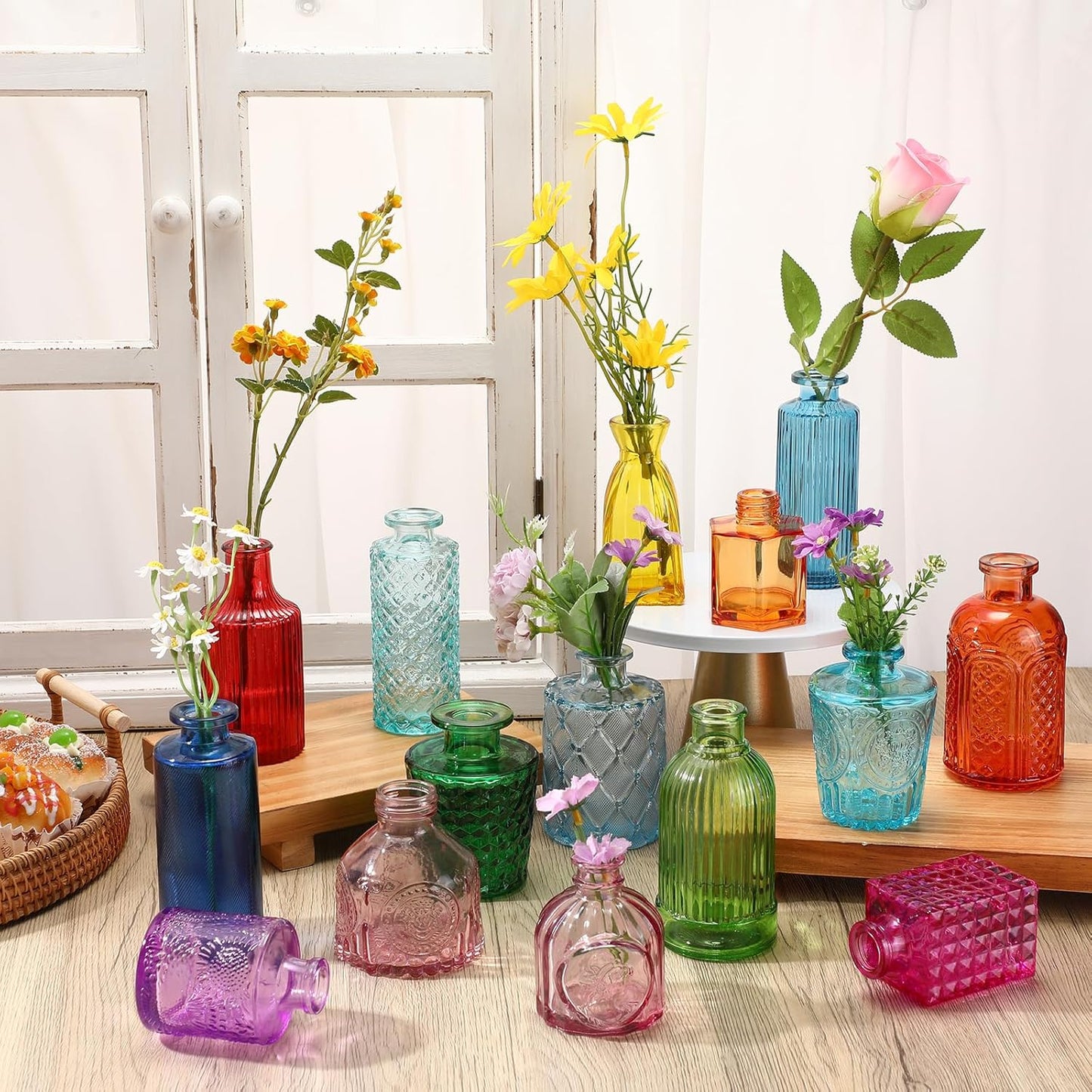 Yaomiao 30 Pcs Vases Bulk Colored Flower Glass Vases Bud Vintage Colored Glass Bottles Colorful Rustic Embossed for Home Wedding Table Decorations Gifts(Bright Color)