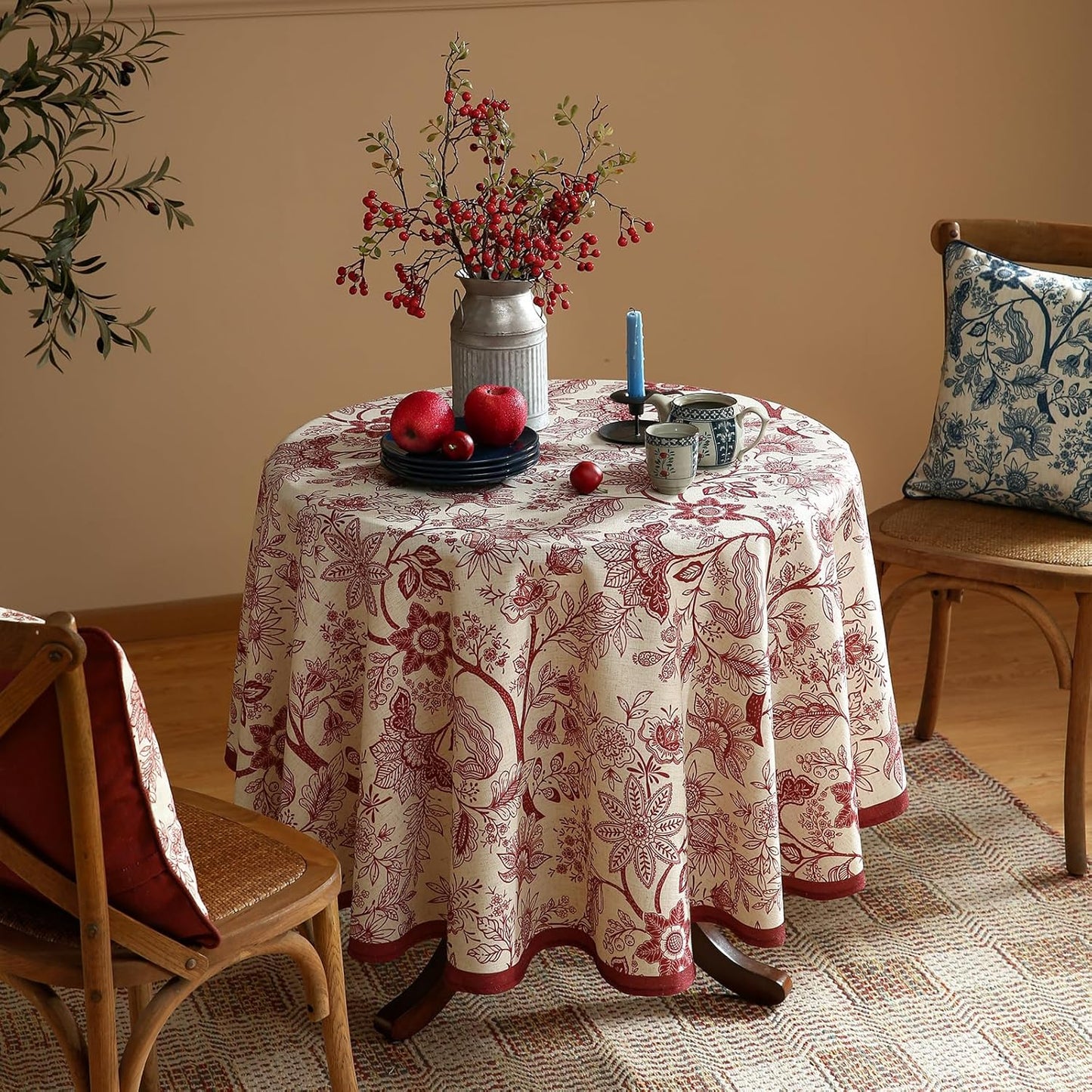 ISAENNE Designer French Linen Round Tablecloth,Red Floral Washable Indoor Table Cloth,Durable Home Decor Tablecloths for Dining Thanksgiving Kitchen Party Christmas,Diameter 67"-Ruyi A