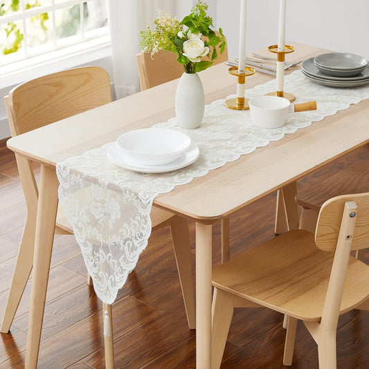 LinenZone Ivory Table Runner with 2 Tassels for Rustic Vintage Decor. Lace Table Runner Works Great As Wedding, Thanksgiving, Christmas Decor (Mia 14 x 48, Ivory)