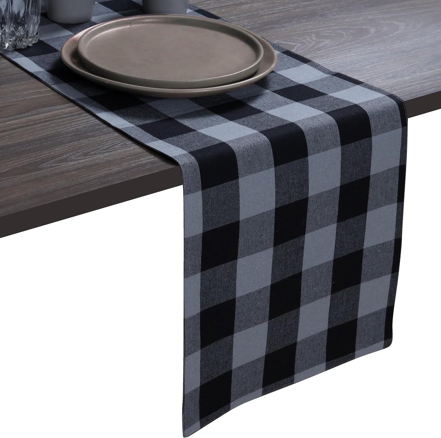 Native Fab Table Runner Buffalo Check Plaid 100% Cotton - 13x90 Inches Kitchen Dining Table Decoration for Indoor Outdoor Farmhouse Home Party Decor - Black, Grey