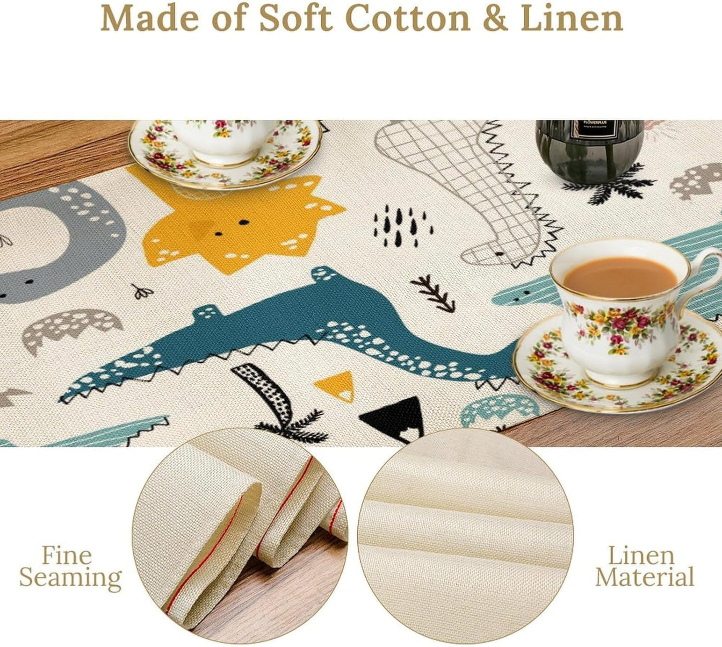 Cartoon Dinosaur Table Runner,Kids Boys Cute Various Dino Moutain Modern Abstract Print Tablecloth Burlap for Hotel Indoors Outdoor Dining Room Kitchen Holiday Party, 13x36in