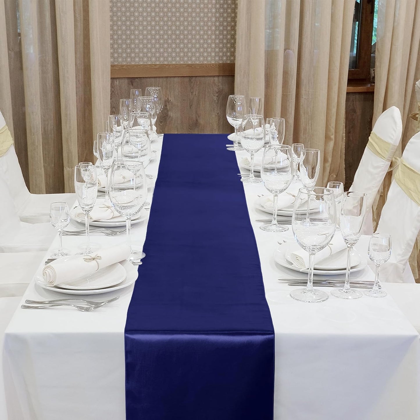 Aneco 16 Pack Satin Table Runner 12 x 108 Inch Navy Blue Long Wedding Satin Silk Table Runner for Wedding Banquet Graduations Birthday Party Decoration