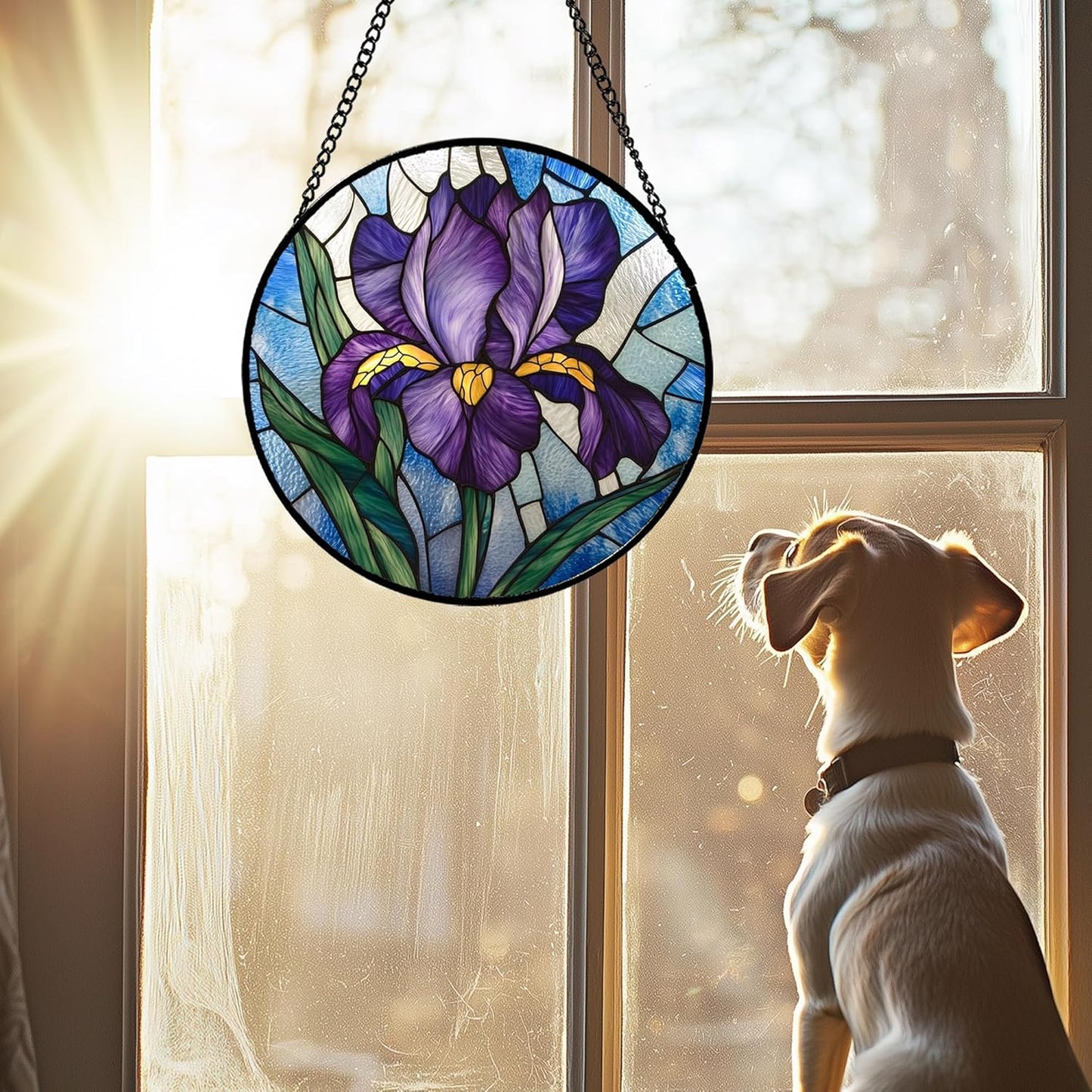 Stained Glass Window Hanging - Iris Birth Flower Suncatcher for Doors Garden Yard Purple Blue Sun Catchers Decor Christmas Mother's Day Birthday Gifts for Teacher Women Mom Nana 15 in