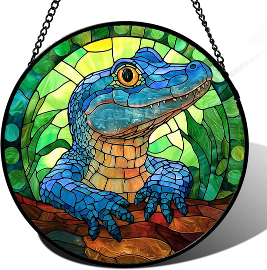 Stained Glass Window Hanging, Blue Alligator Sun Catcher for Window Door Home Decor Green Brown Suncatcher Christmas Mother's Day Birthday Gifts for Women Men Mom and Nana 6.3 in