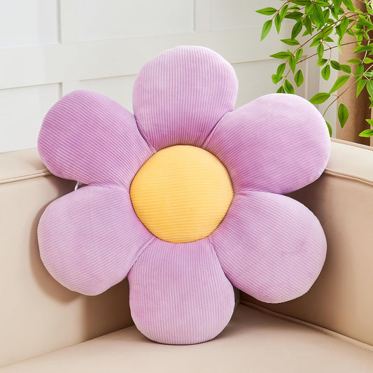 Purple Flower Pillow, 14.9" Cute Flower Shaped Floor Pillow, Aesthetic Floral Plush Daisy Decorative Throw Pillows for Bed Sofa Couch