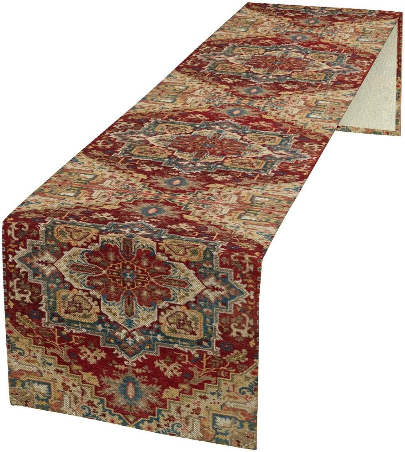 Boho Bohemia Style Table Runner, Vintage Red Brown Retro Flower Rustic Country Style Floral Print Pattern for Home Kitchen Table Decor Dining Coffee Room Garden Party Decor 13x90in