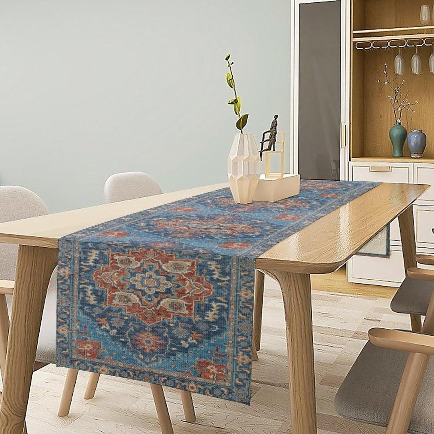 Boho Floral Vintage Table Runner, Retro Abstract Blue Flower Rustic Country Farmhouse Pattern for Home Kitchen Table Decor Dining Coffee Room Party Decor 13x72in