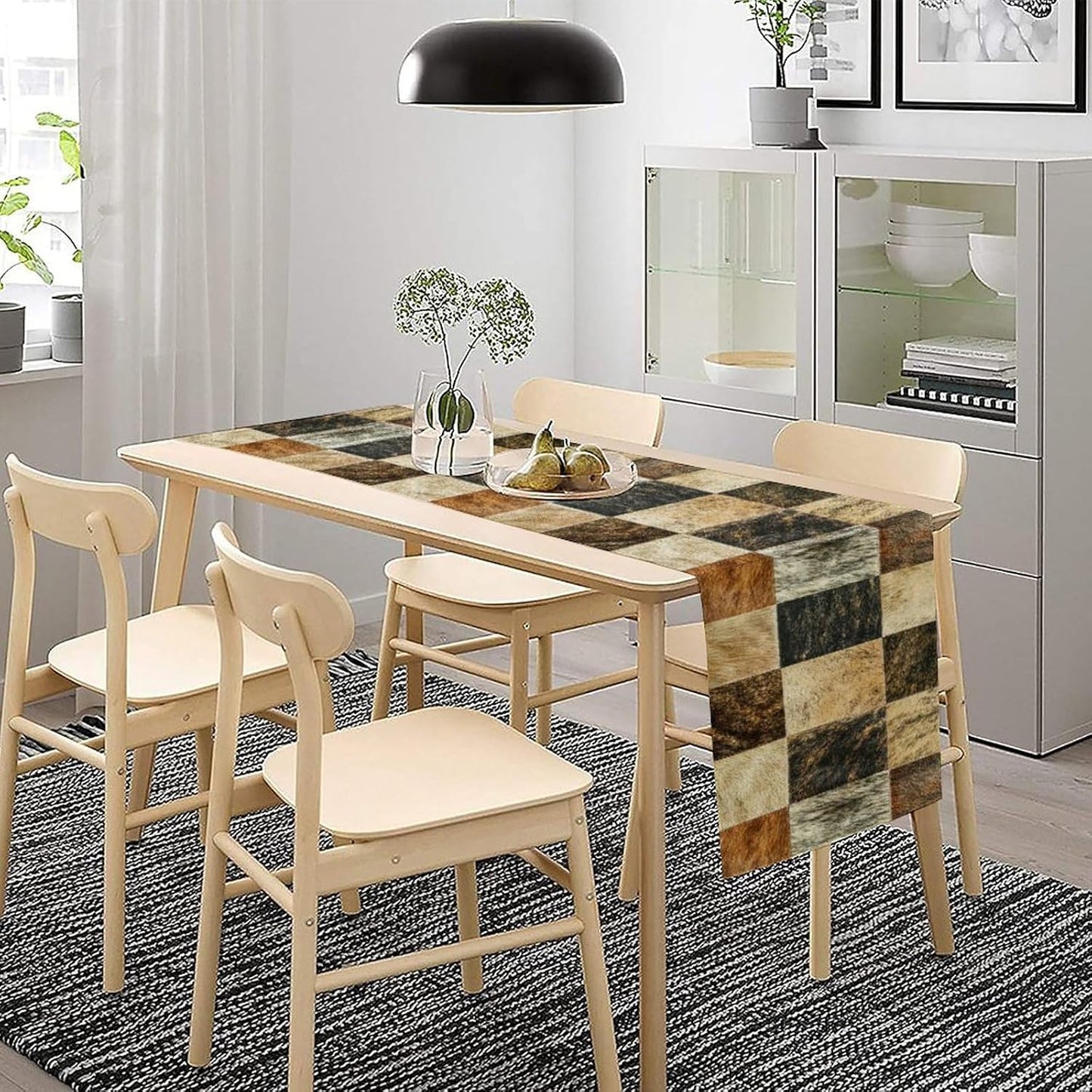 Rustic Cow Skin Patchwork Print Table Runner, Farmhouse Country Western Style Fur Table Cover for Dinning Home Party Holidays Home Setting, 13x120 Inch