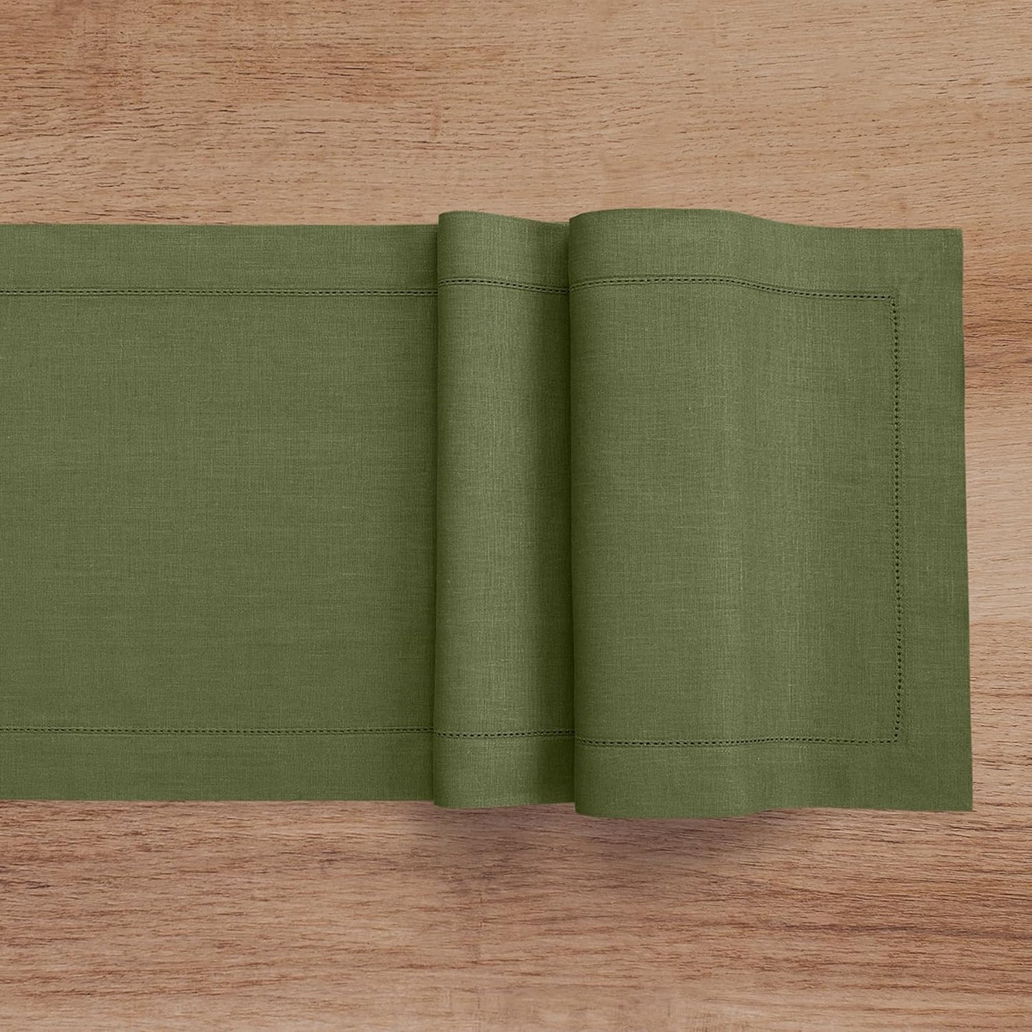 Solino Home Olive Linen Table Runner 156 Inches Long - 100% Pure Linen Classic Hemstitch Table Runner 14 x 156 Inch for Wedding, Parties, Fall, Autumn, Thanksgiving
