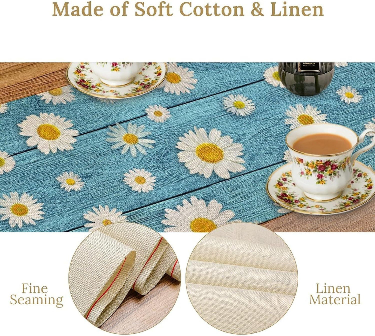Daisy Floral Table Runner, Rustic Seasonal Spring Wild Flower Rustic Blue Wood Farmhouse Table Center Decor for Home Kitchen Dining Patio Holiday Party Indoor Outdoor Table Decorations, 13"x36" Inch