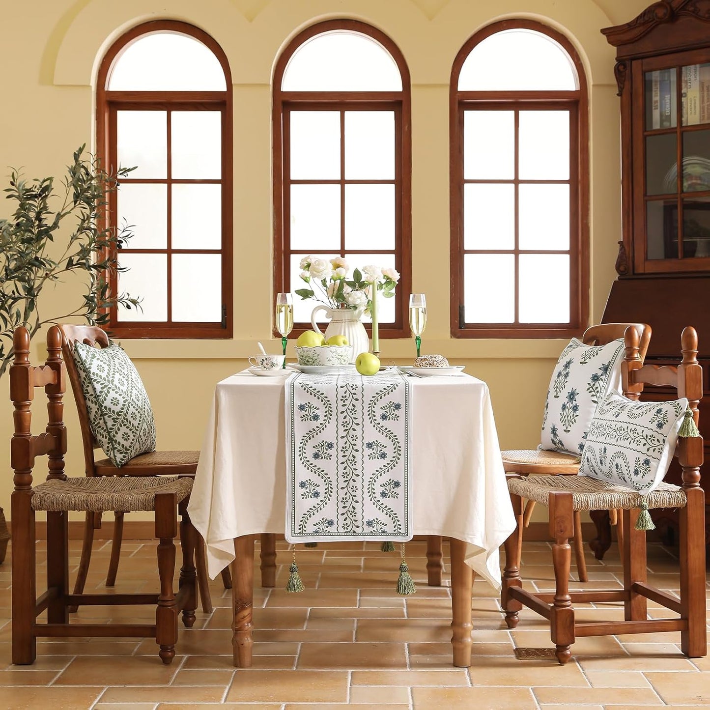 ISAENNE Designer White Elegant Linen Extra Long Table Runner 118 Inches,Chinoiserie Floral Decor Durable Table Runners for Dining Tables,Thanksgiving,Kitchen Tables,Christmas,12"*118"-Mosella D