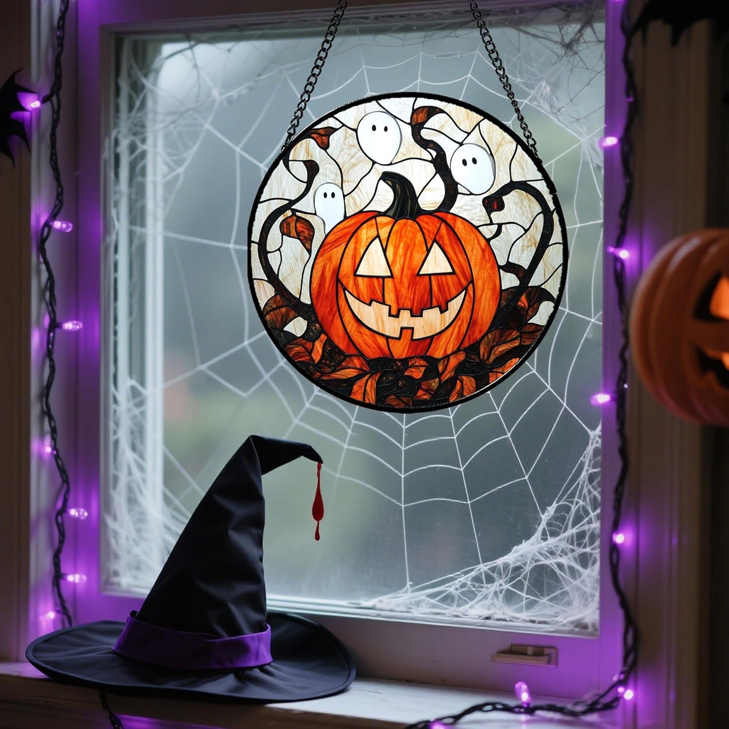 Stained Glass Window Hanging - Halloween Decorations Pumpkin Ghost Suncatcher for Doors Garden Indoor Spooky Funny Orange Sun Catchers Gothic Decor Horror Gifts for Women Men Friend 6.3 in