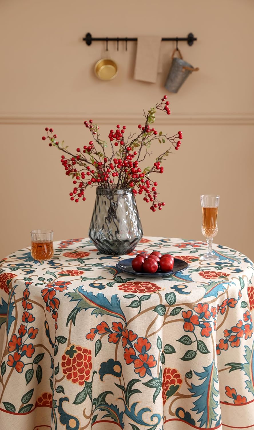 patdrea Designer Linen Round Table Cloth,Durable Breathable Floral Dacorative Tablecloth,Decor Tables Covers for Kitchen Dining Tea Party,Holiday,Christmas,Thanksgiving,Diameter 67"-Puno