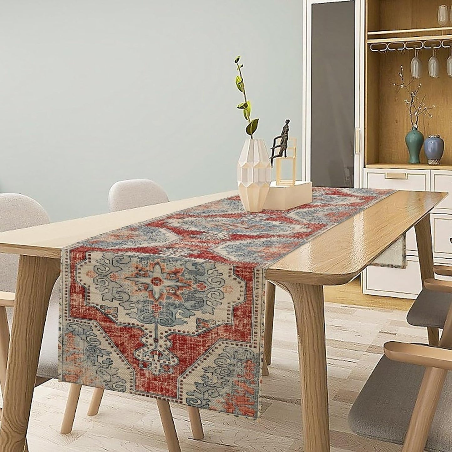 Boho Floral Vintage Table Runner, Retro Blue Red Flower Rustic Country Farmhouse Abstract Pattern for Home Kitchen Table Decor Dining Coffee Room Party Decor 13x90in