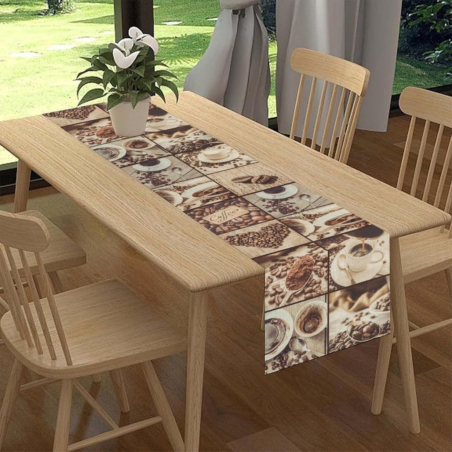 Coffee Theme Table Runner, Rustic Farmhouse Coffee Cup Latte Cappuccino Tea Party Cafe Table Center Decor for Home Kitchen Dining Patio Holiday Party Indoor Outdoor Table Decorations, 13"x108" Inch