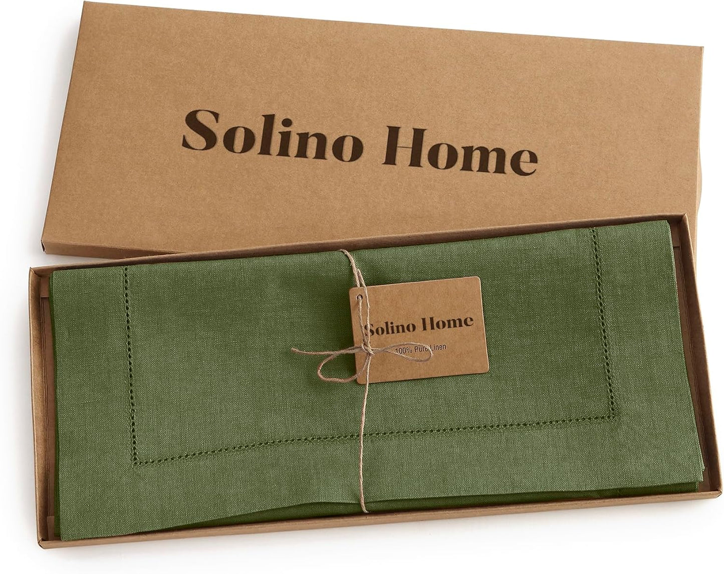 Solino Home Linen Table Runner 36 Inches - 100% Pure Linen Olive Hemstitch Table Runner 14 x 36 Inch Ideal for Dresser and Coffee Tables - Classic Hemstitch - Thanksgiving