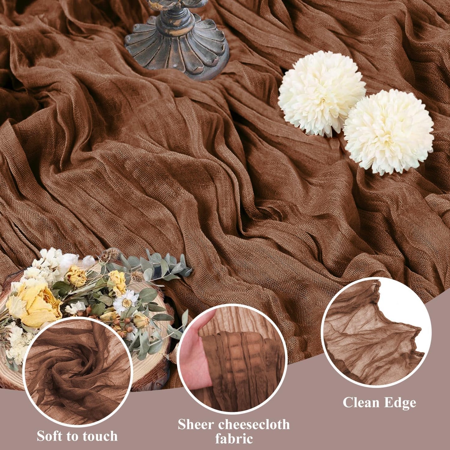 Asee'm Cheesecloth Table Runner 120 Inches Long Brown Boho Gauze Cheese Cloth Runner 10FT Rustic Sheer Fall Table Runners for Thanksgiving Wedding Party Baby Shower Decoration