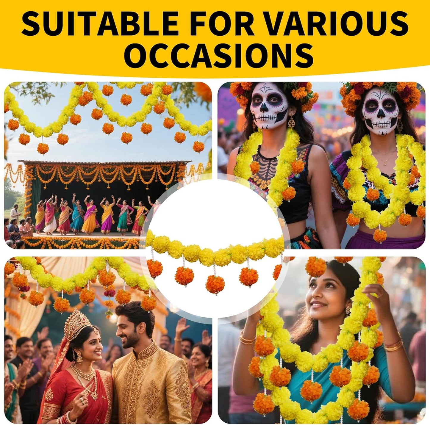 5 Pcs Marigold Garland Diwali Decor Artificial Flowers, 4.5 Feet Artificial Marigold Flowers for Indian Pooja Diwali Home Mantle Decor Wedding Decoration for All Year Decoration (Yellow＆Orange)