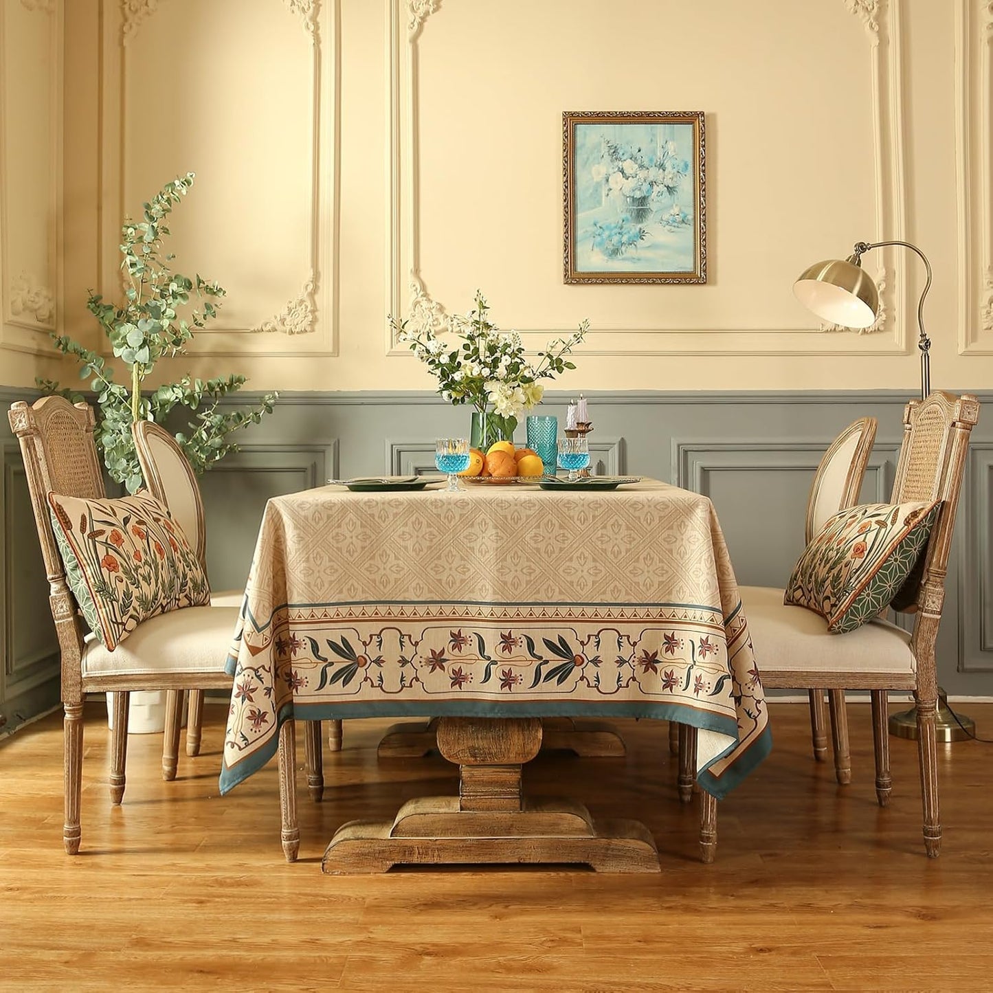 patdrea Designer French Linen Extra Long Tablecloth for Rectangle Table,Beige Anti-Wrinkle Floral Farmhouse Table Cloth,Decor Covers for Kitchen Dining,Party,Christmas,Thanksgiving,67"x118"-Fram