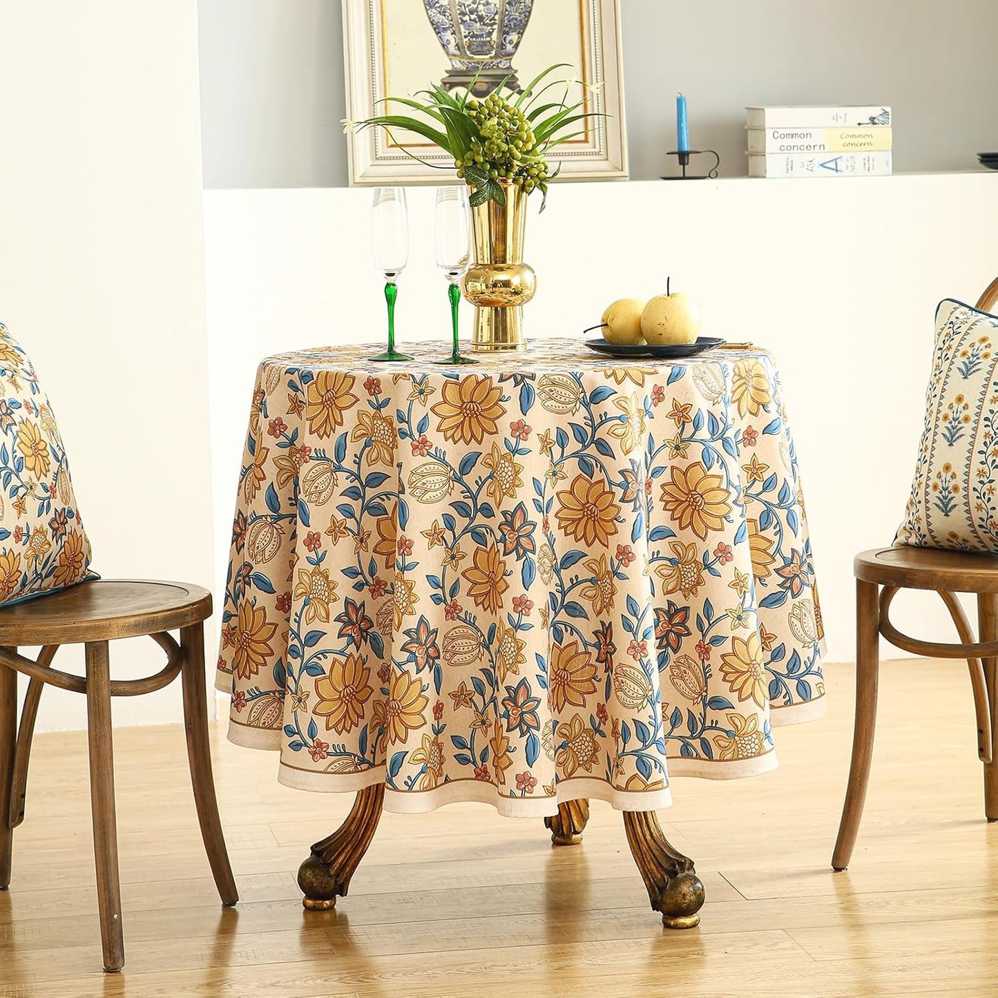 ISAENNE Designer Bohemian Floral Small Round Tablecloth,Linen Colorful Table Cloth,Wrinkle Resistant Decor Tablecloths for Dining Thanksgiving Kitchen Party Christmas,Diameter 55"-Estevan B