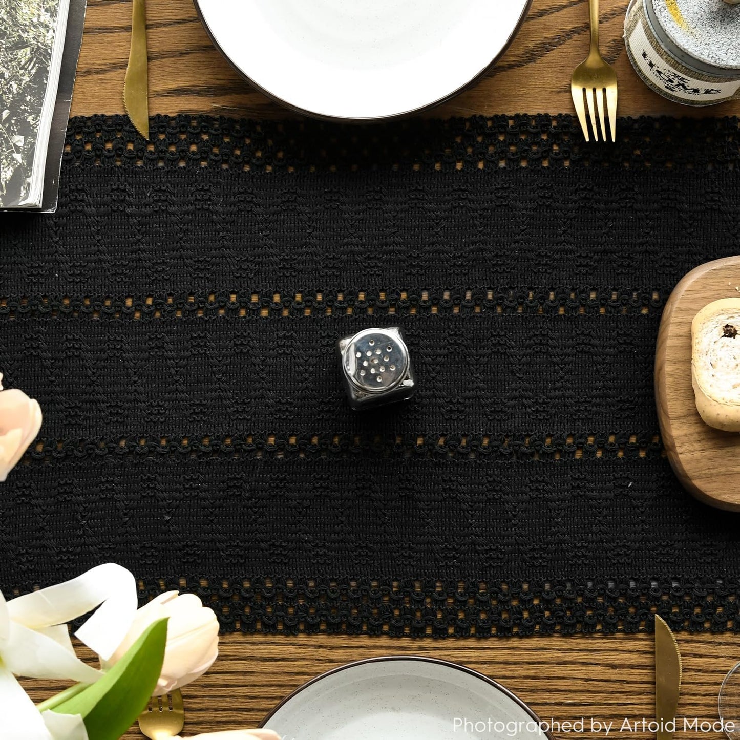 Artoid Mode Black Farmhouse Woven Rustic Hollow Table Runner, Seasonal Holiday Kitchen Dining Table Decoration for Home Party Decor 12x36 Inch