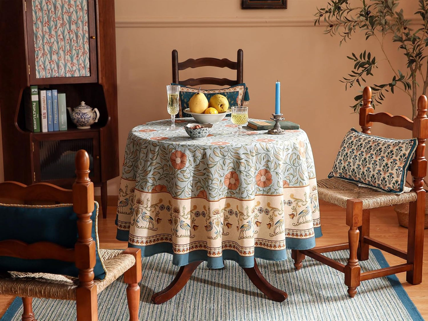 patdrea Designer French Linen Blue Round Table Cloth,Vintage Floral Tablecloth,Colorful Decoration Fall Table Cover Kitchen Dining for Tea Party,Thanksgiving,Christmas,Diameter 55"-Wensel