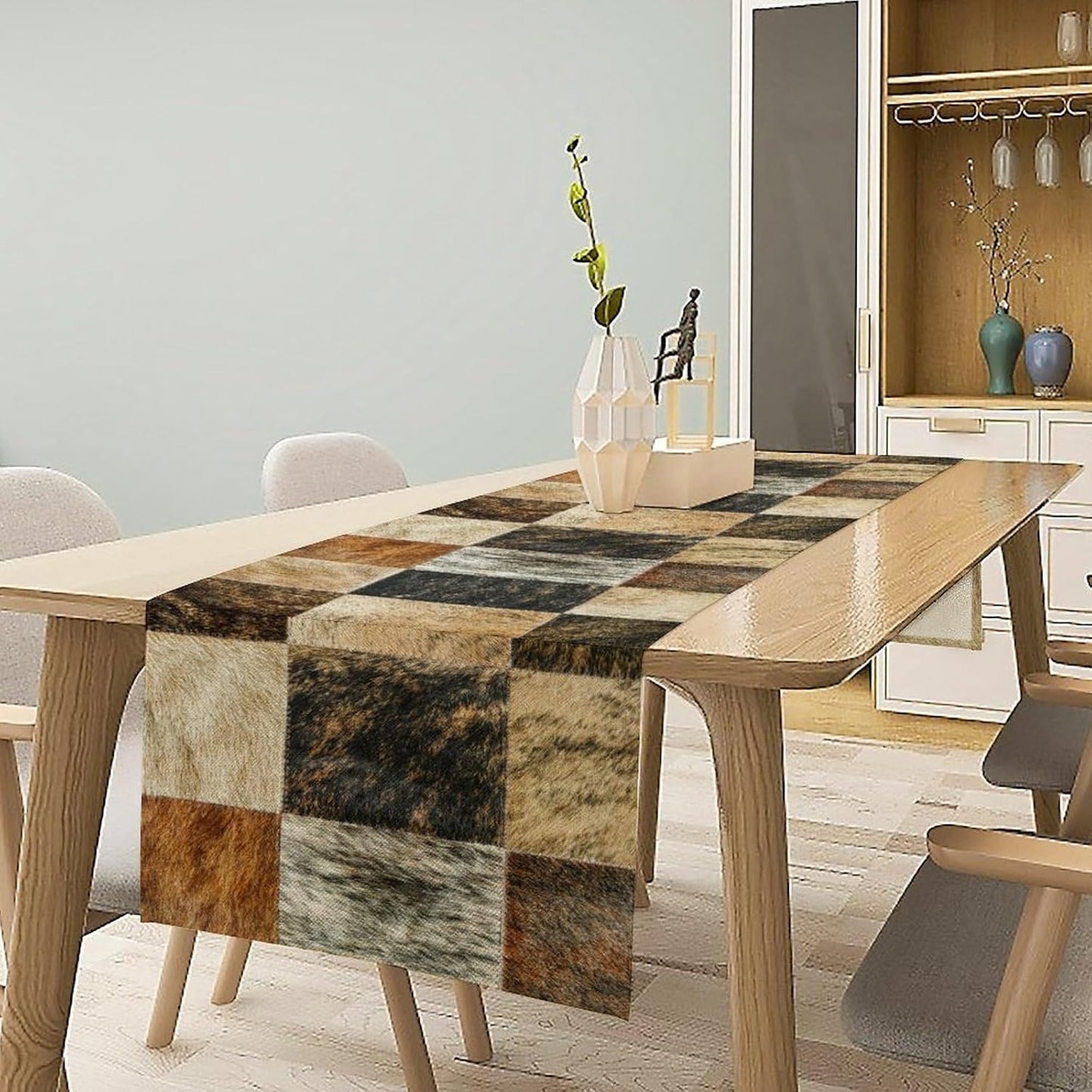 Rustic Cow Skin Patchwork Print Table Runner, Farmhouse Country Western Style Fur Table Cover for Dinning Home Party Holidays Home Setting, 13x120 Inch