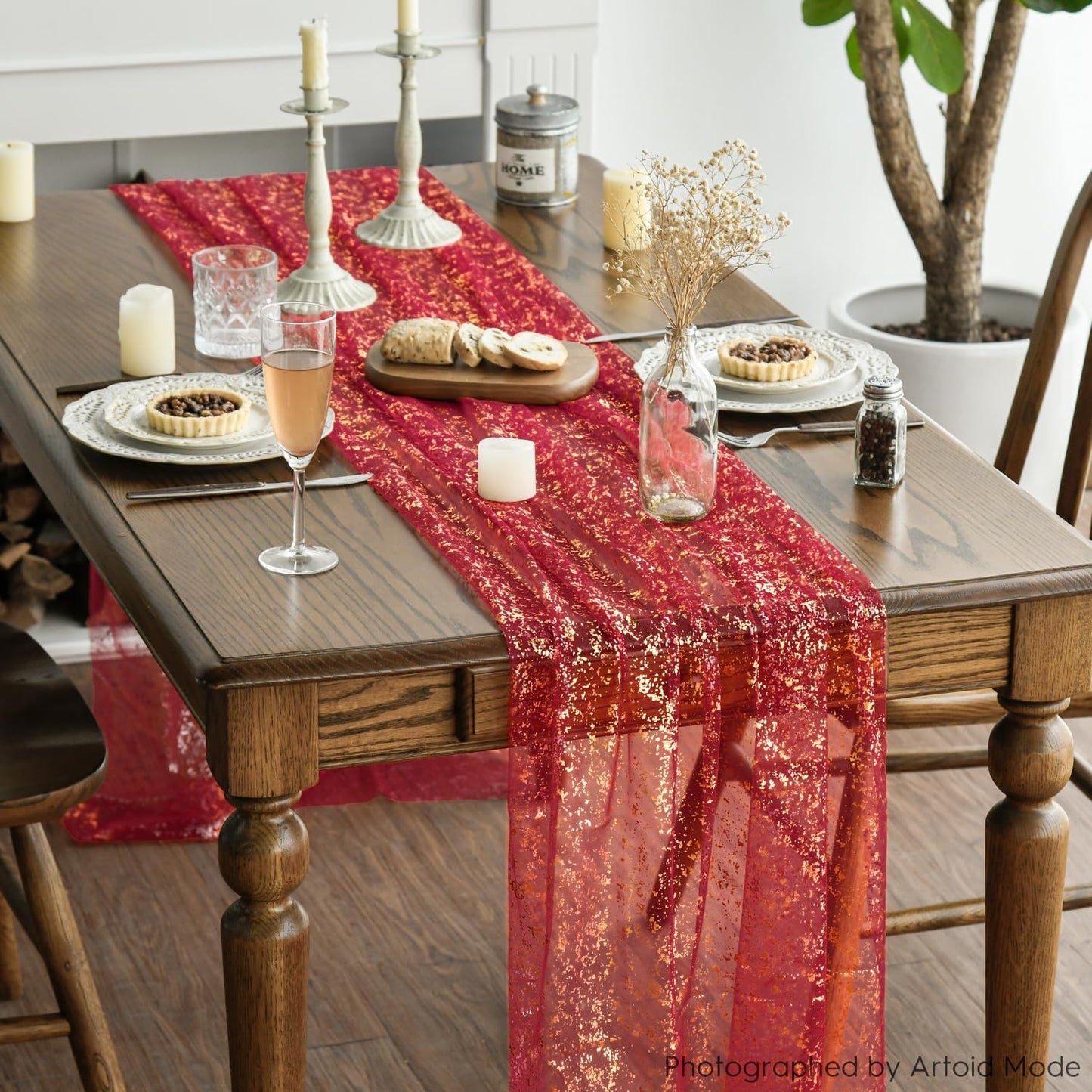 Artoid Mode 3PCS Red Gold Gauze Table Runner 120 Inch 10FT, Glitter Metallic Foil Sheer Dining Wedding Anniversary Holiday Table Decor for Home Party