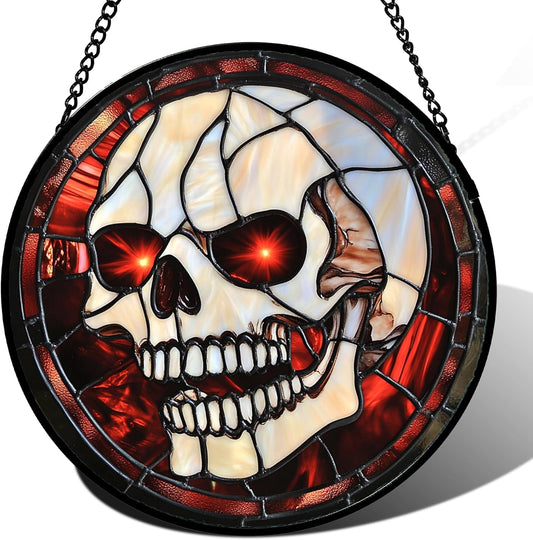 Stained Glass Window Hanging - Halloween Decorations White Skeleton Suncatcher for Doors Garden Indoor Spooky Funny Red Sun Catchers Gothic Decor Horror Gifts for Women Men Friend 6.3 in