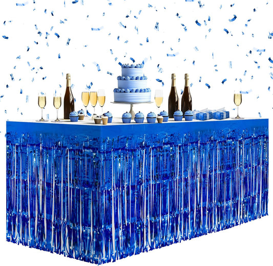 2 Pack Dark Blue Table Skirts, 29x108" Metallic Foil Tinsel Fringe Table Skirts for Rectangle Tables Streamer Curtains Backdrop, Party Decorations for Birthdays Weddings Holidays