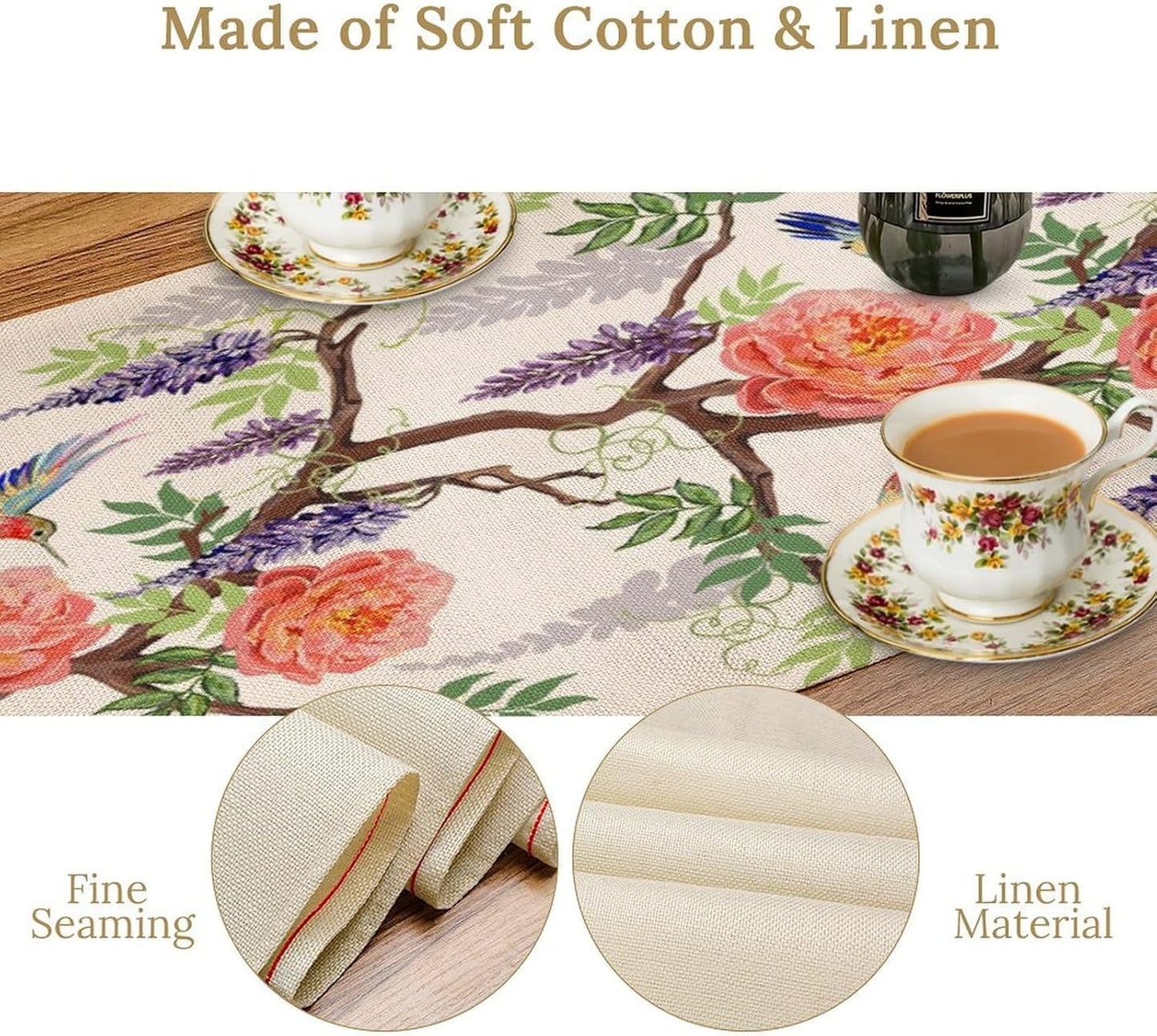 Vintage Bird Flower Table Runner Seasonal Spring Purple Wisteria Garden Plants Lavender Pink Florals Farmhouse Country Kitchen Dinner Runner Dining Table Decoration for Home Party Holiday 13"x90"
