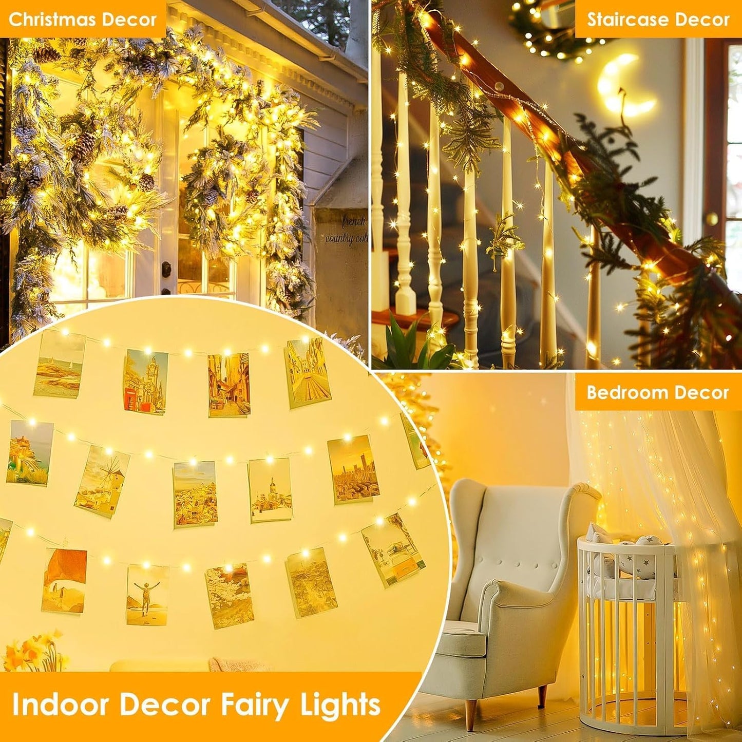 2Pack Each 66Ft 200 LED Fairy Lights Plug in, Waterproof String Lights Outdoor & Indoor, LED String Lights 8 Modes with Timer, Twinkle Light for Girl's Room Garden Christmas Decorations (Warm White)