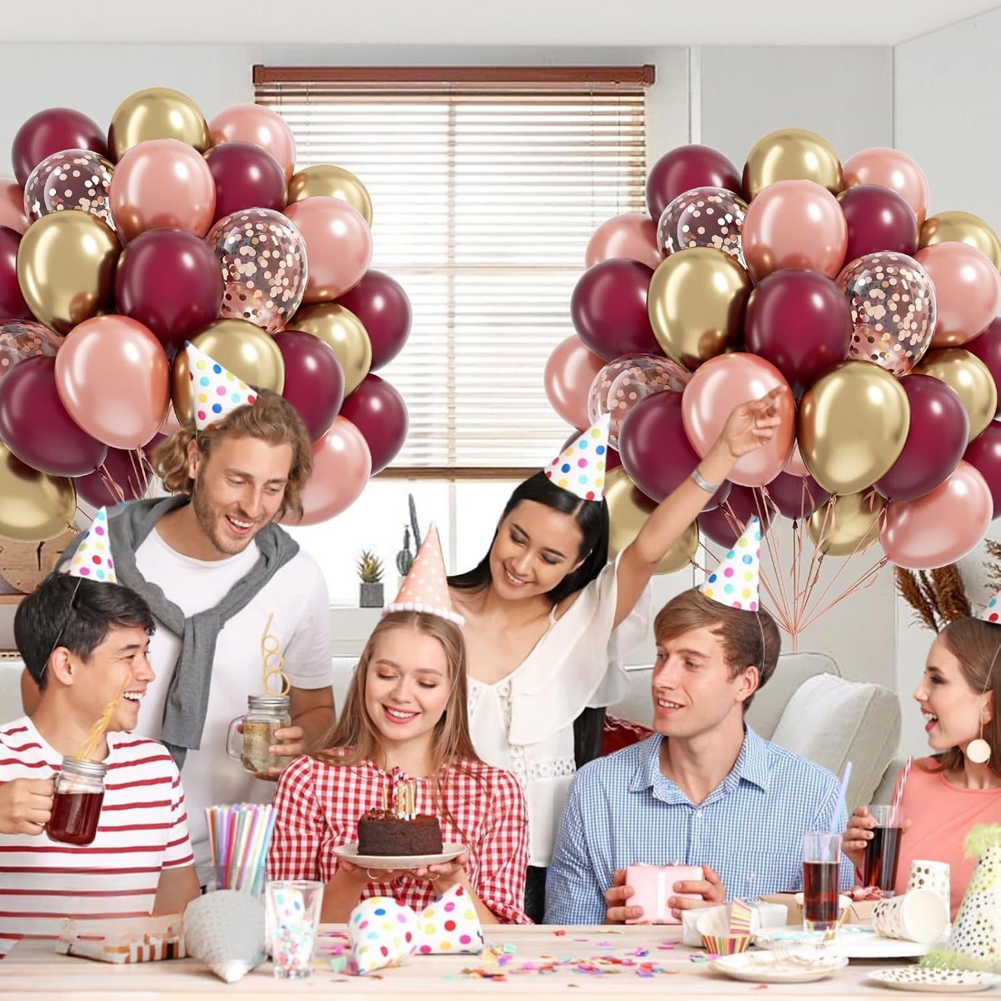 60pcs Burgundy and gold Balloons 12inch with Maroon Pearl Rose Gold Confetti Metallic Gold Balloons for Wedding Bridal Shower Anniversary Birthday Party Decorations