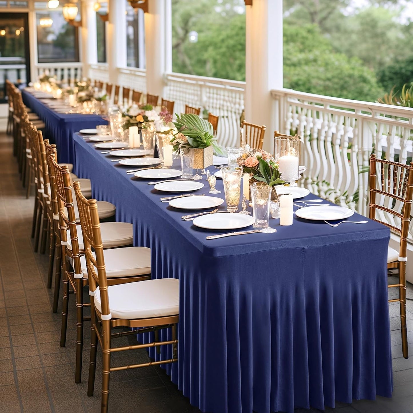 Wish Care 6 Pack Navy Blue Stretch Spandex Table Clothes for 6 Foot Rectangle Tables, 6FT Wrinkle Free Fitted Tablecloths Ruffles Design Table Cover for Party, Banquet, Wedding and Events
