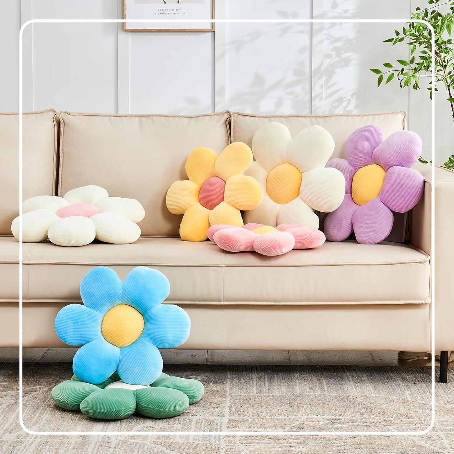 White Pink Flower Pillow, 14.9" Cute Flower Shaped Floor Pillow, Aesthetic Floral Plush Daisy Decorative Throw Pillows for Bed Sofa Couch