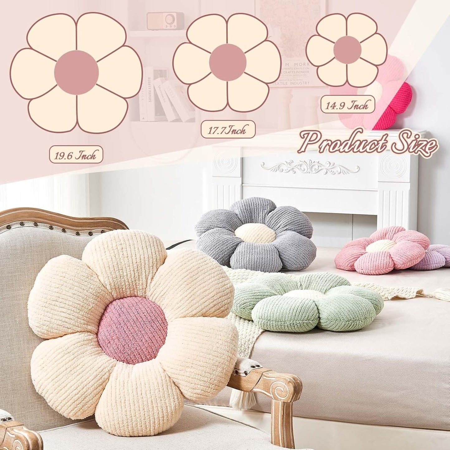 Flower Throw Pillow, Soft Black 19.6" Shaped Floor Pillow for Home Decor, Cute Aesthetic Plush Decorative Pillows for Bed, Sofa, Couch
