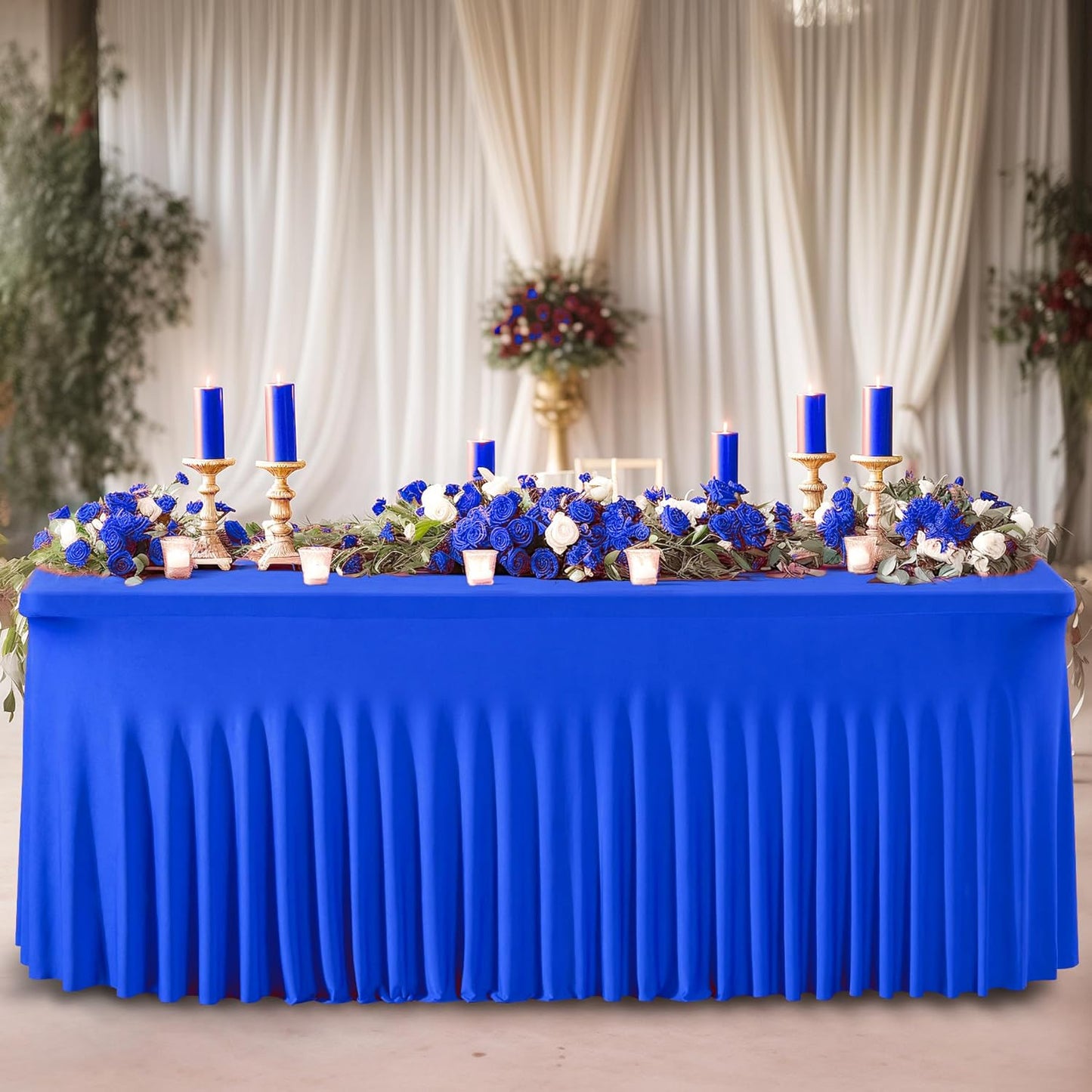 Wish Care 2 Pack Royal Blue Spandex Table Clothes for 8 Foot Rectangle Tables, 8FT Wrinkle Free Fitted Tablecloths Ruffles Design Table Cloth for Party, Banquet, Wedding and Events