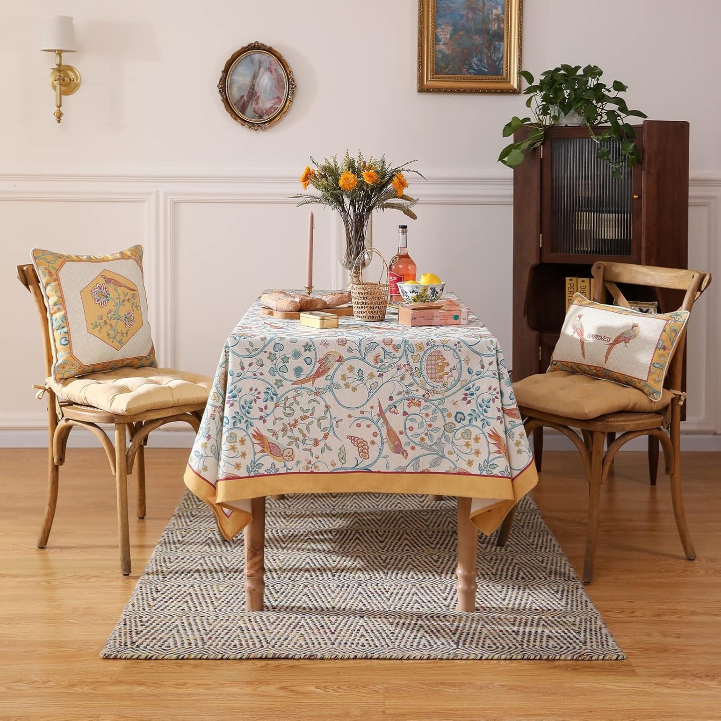 patdrea Designer Vintage French Tablecloth for Rectangle Table,Floral Birds Pattern Linen Table Cloth,Yellow Decor Cover for Kitchen Dining Banquet,Christmas,Thanksgiving,63"x110"-Magnolia