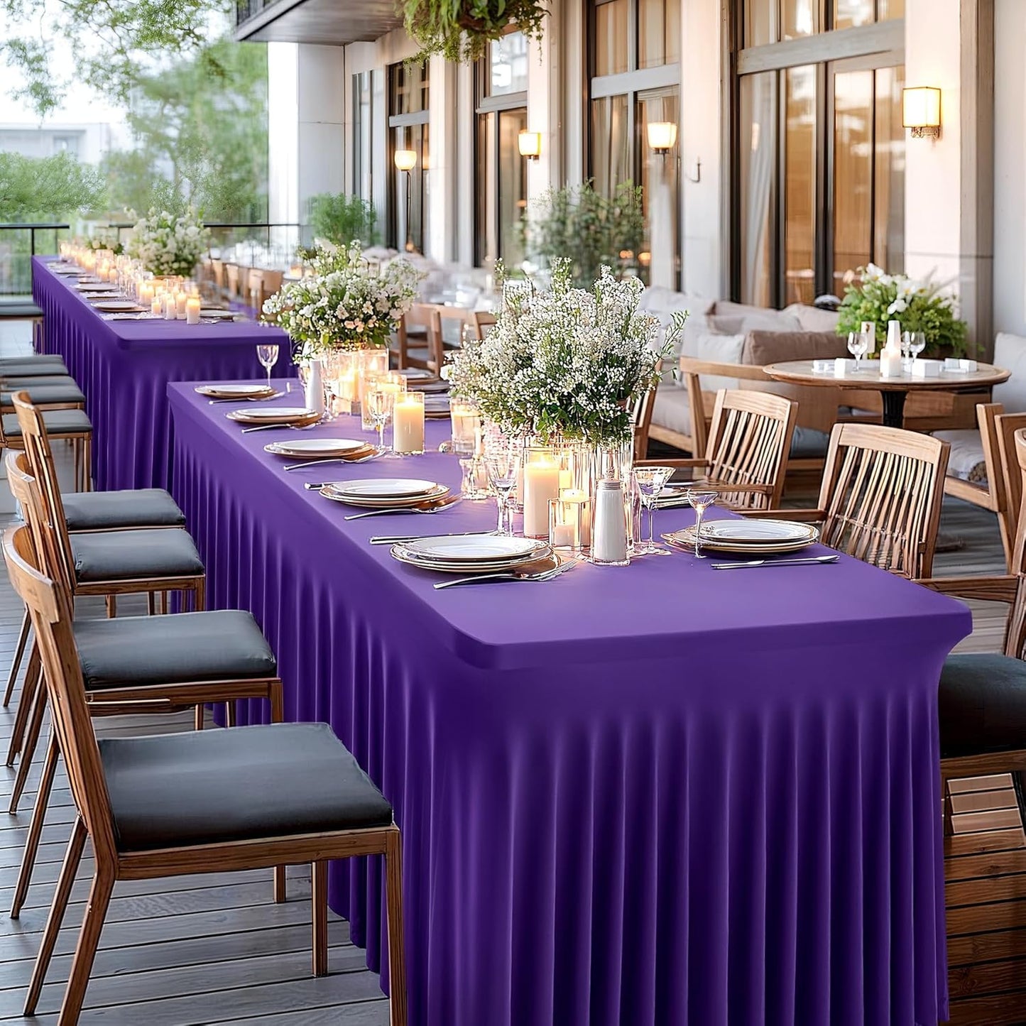 Wish Care 6 Pack Dark Purple Spandex Table Clothes for 6 Foot Rectangle Tables, 6FT Wrinkle Free Fitted Tablecloths Ruffles Design Table Cover for Party, Banquet, Wedding and Events