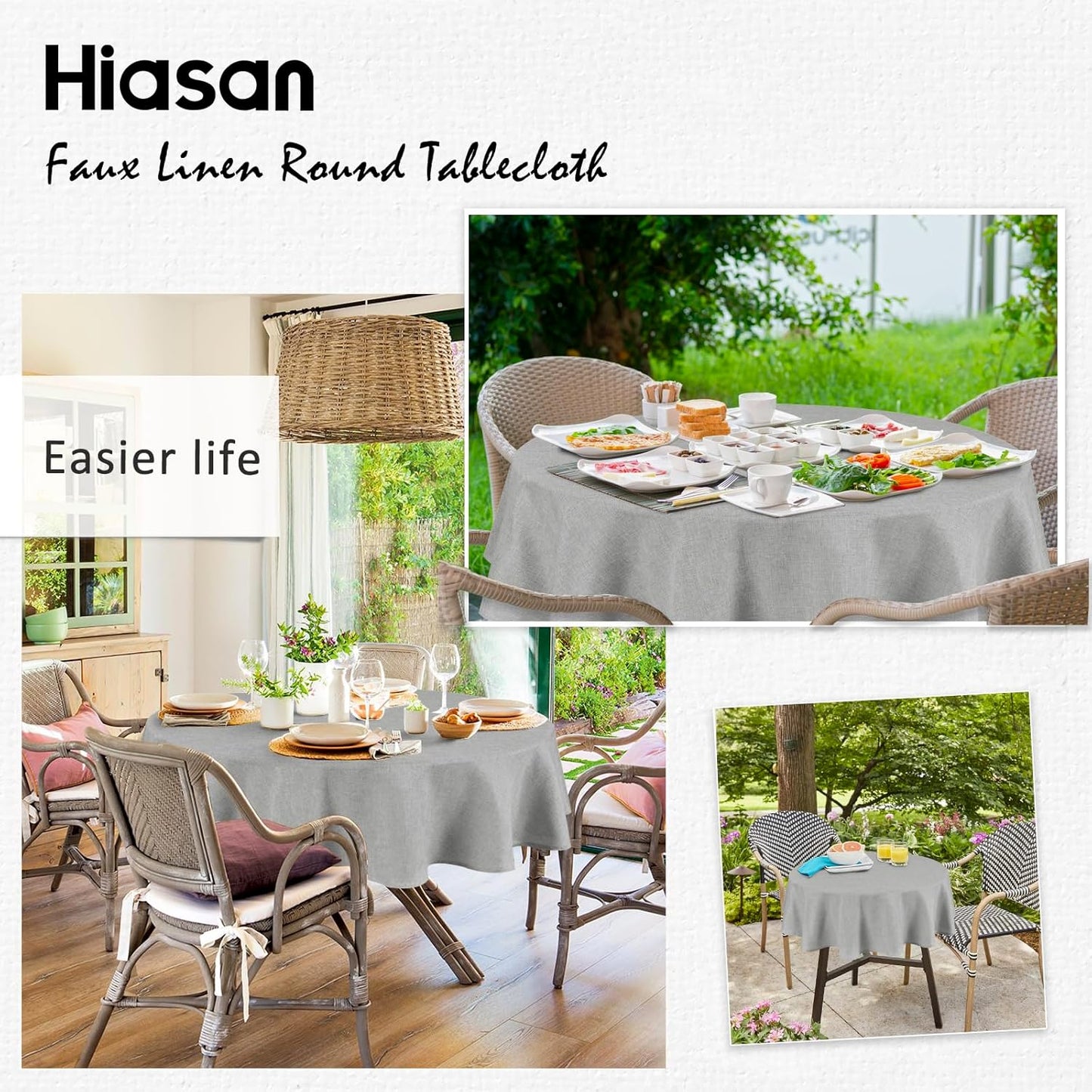 Hiasan Round Linen Tablecloth 50 Inch - Wrinkle and Stain Resistant Washable Polyester Fabric Table Cloth for Dining Room Kitchen Party, Light Grey