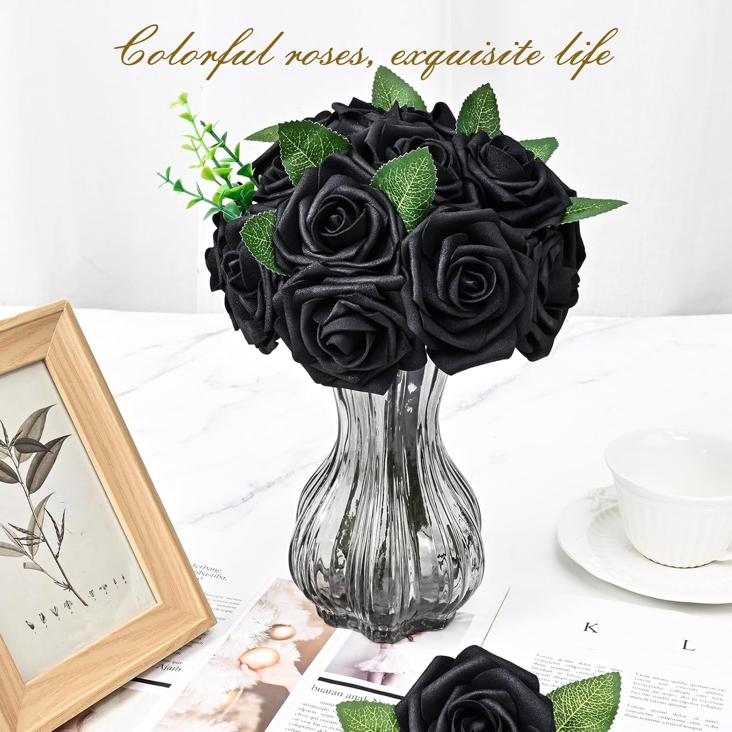 BLEUM CADE 36Pcs Artificial Flowers Fake Roses with Stems, Black Boxed Foam Roses for DIY Bouquets Centerpieces Wedding Party Arrangement Bridal Shower Decor