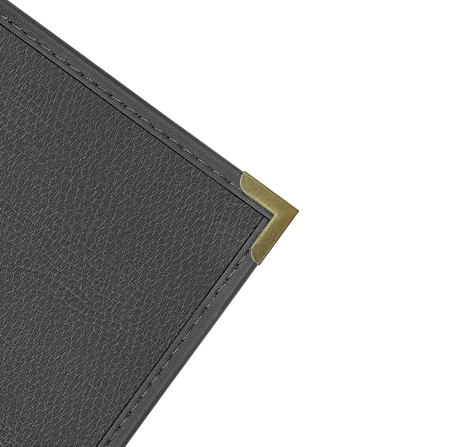 Goodsmart Pajco Style Restaurant Menu Covers – Pack of 10, Side-Loading Booklet Menu Holders, Single Stitched Edge, Clear Vinyl Menu Sleeves, Leatherette Trim, Gold Corners, Black, 4 View (8.5" x 11")