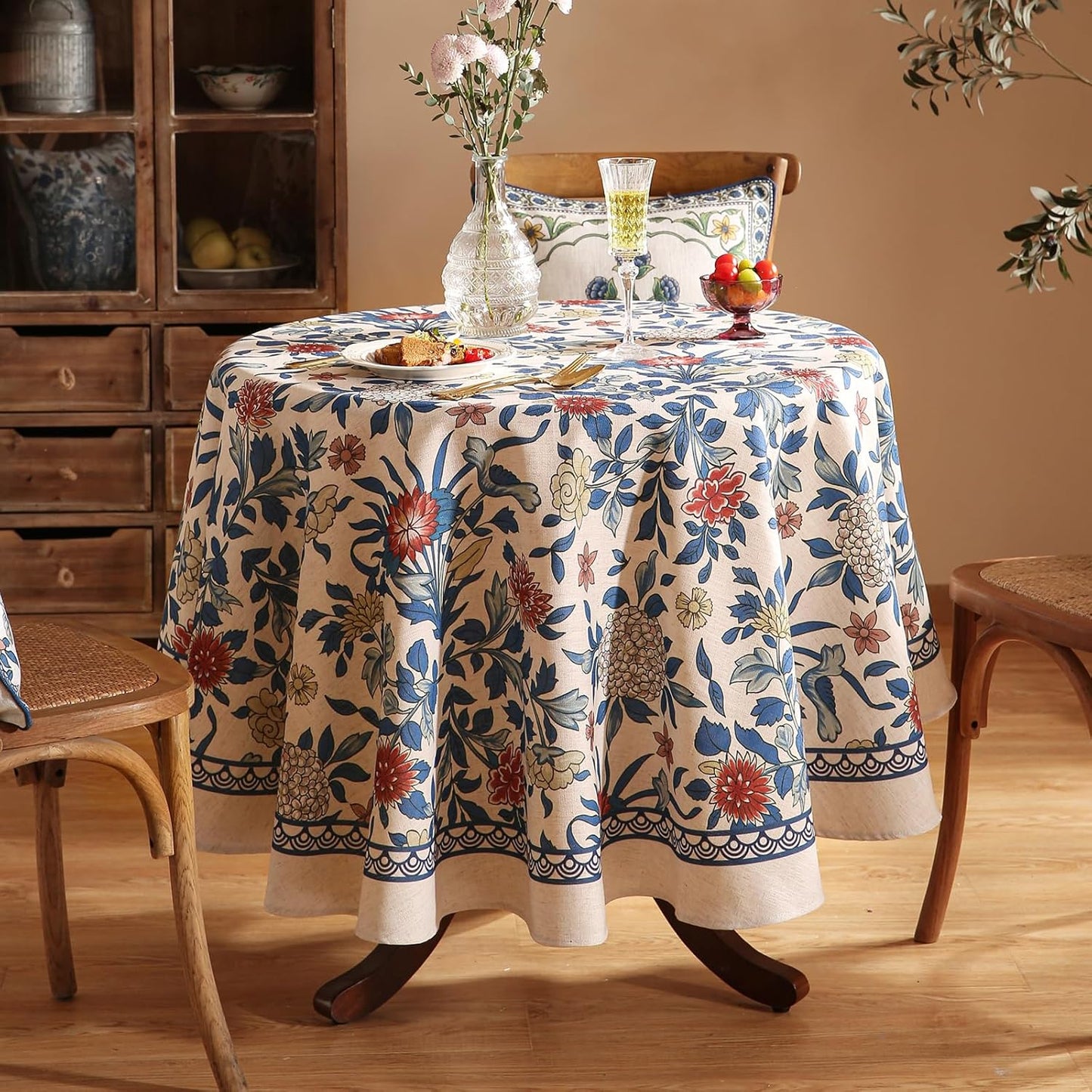 patdrea Designer Blue Tablecloth for Round Table,Vintage Linen with Leaves and Floral Pattern Tablecloths,Farmhouse Decor Cover for Kitchen Dining Christmas,Thanksgiving,Diameter 67"-Ivar a