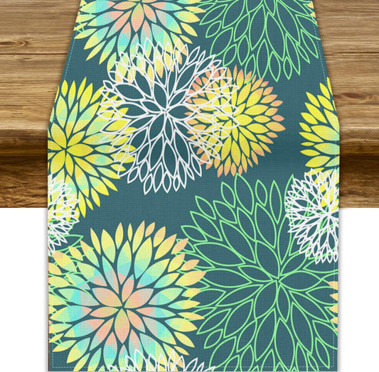 Green Dahlia Flower Table Runner, Linen Geometric Pattern Floral Table Decor Spring Farmhouse Decorations for Kitchen Dining Holiday Party Decor, 13x120 Inch
