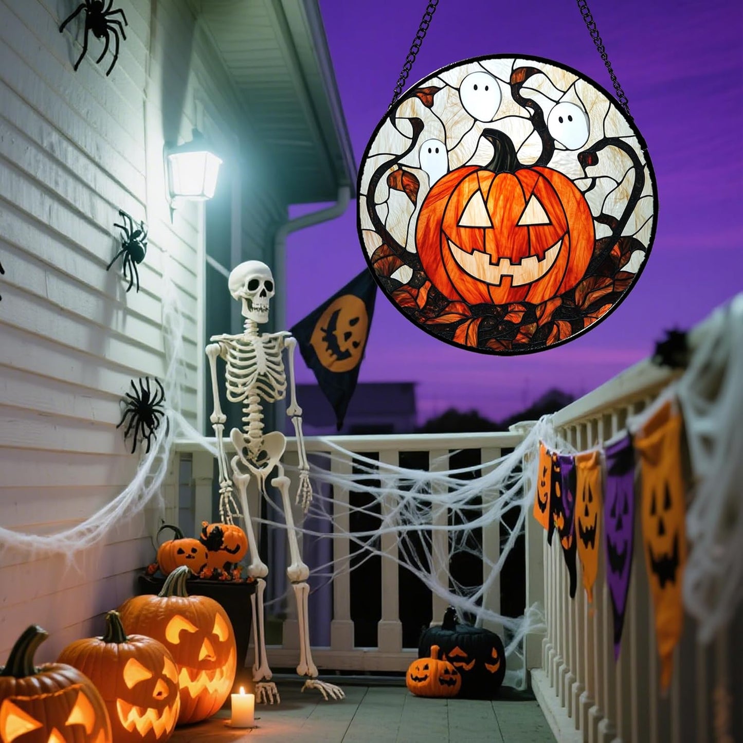 Stained Glass Window Hanging - Halloween Decorations Pumpkin Ghost Suncatcher for Doors Garden Indoor Spooky Funny Orange Sun Catchers Gothic Decor Horror Gifts for Women Men Friend 11.8 in