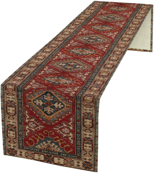 Boho Floral Vintage Table Runner, Red Grey Retro Flower Rustic Country Farmhouse Abstract Pattern for Home Kitchen Table Decor Dining Coffee Room Party Decor 13x108in