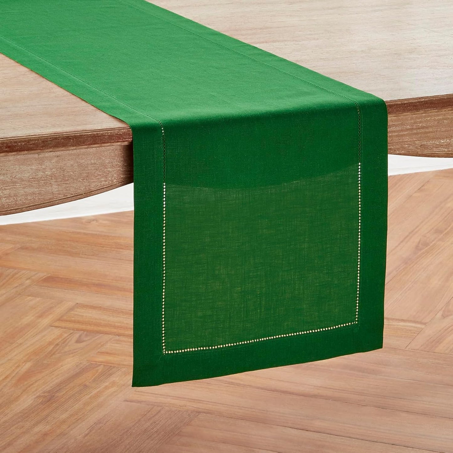 Solino Home Linen Garden Green Table Runner 144 Inches Long - 100% Pure Linen Extra Long Table Runner 14 x 144 Inch for Christmas - Classic Hemstitch